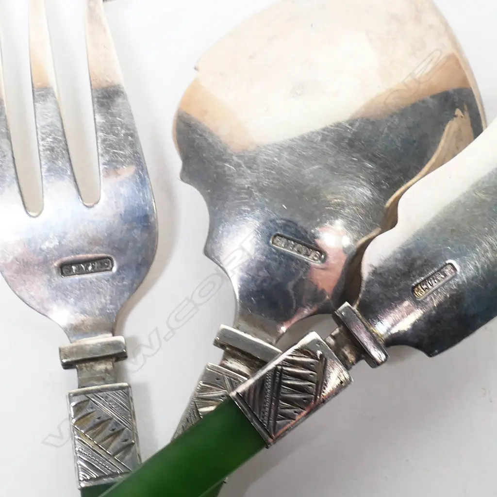 Frank Hyams (Dunedin) silver and nephrite preserve spoon, butter knife and bread fork set, Image 1++